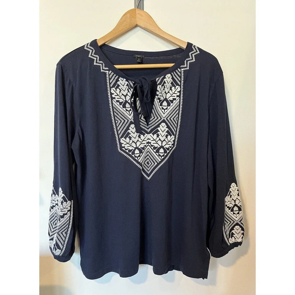 J Crew Navy White Embroidered Puff Sleeve Boho Peasant Blouse Size Medium